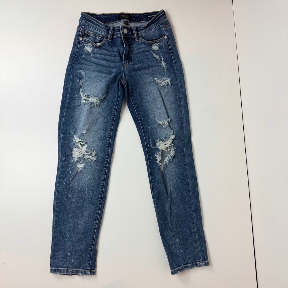 Judy Blue Distressed Boyfriend Jeans - Dark Blue Wash